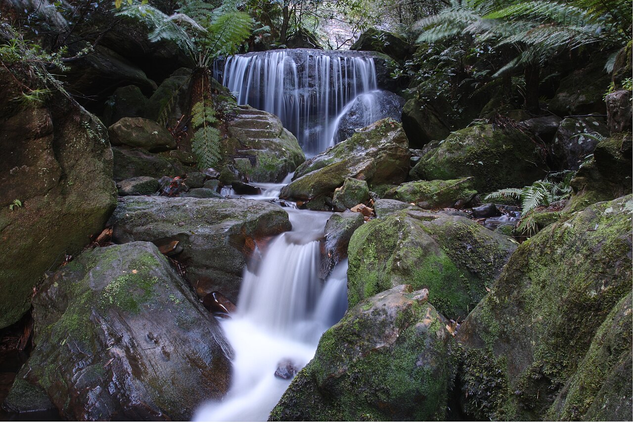Water tumbling over a rock ledge at Leura Cascades surrounded by green bush photo_0 Water tumbling over a rock ledge at Leura Cascades surrounded by green bush photo_0